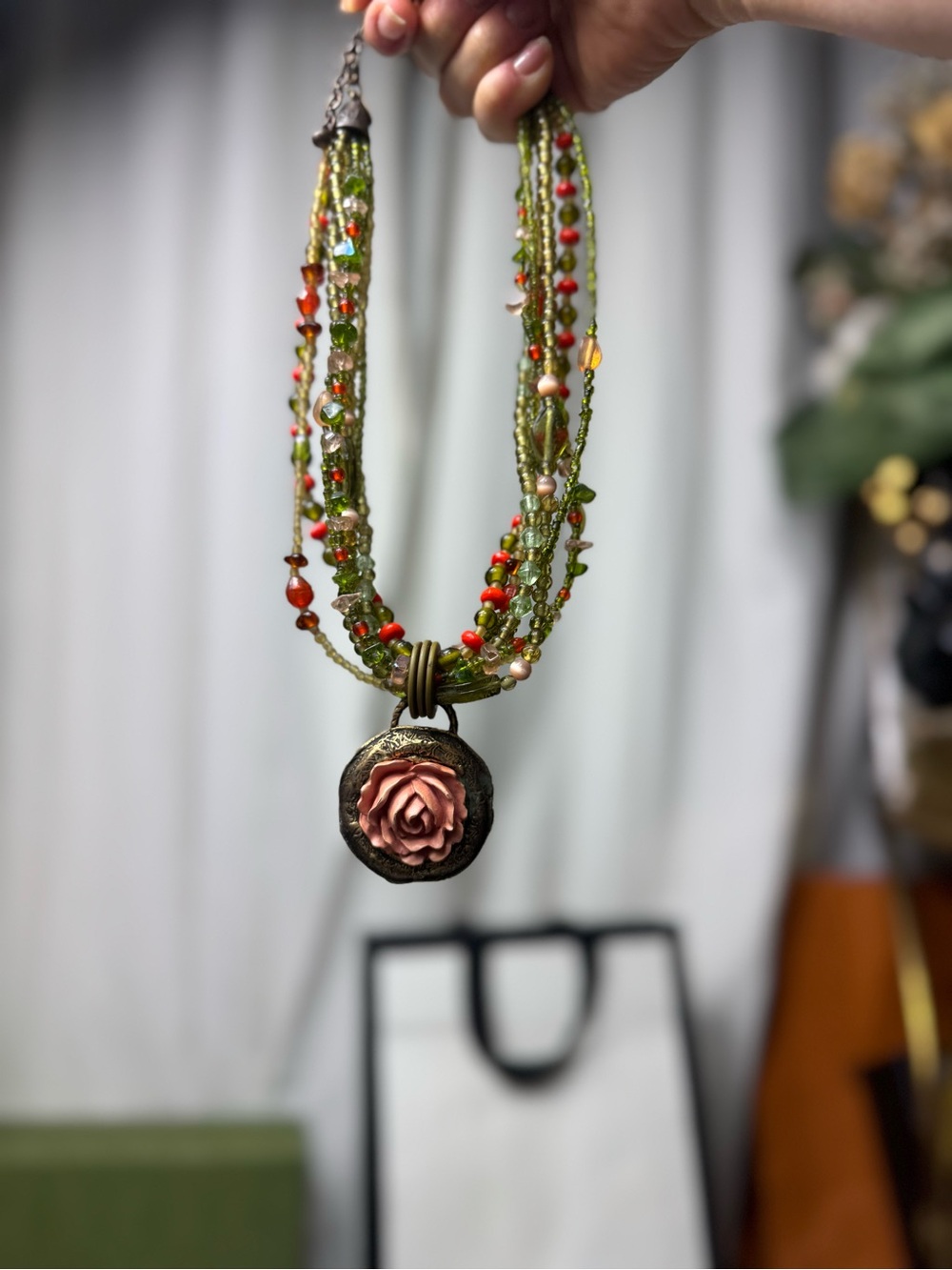 Chico's Multistrand Green and Coral Rose Pendant Necklace